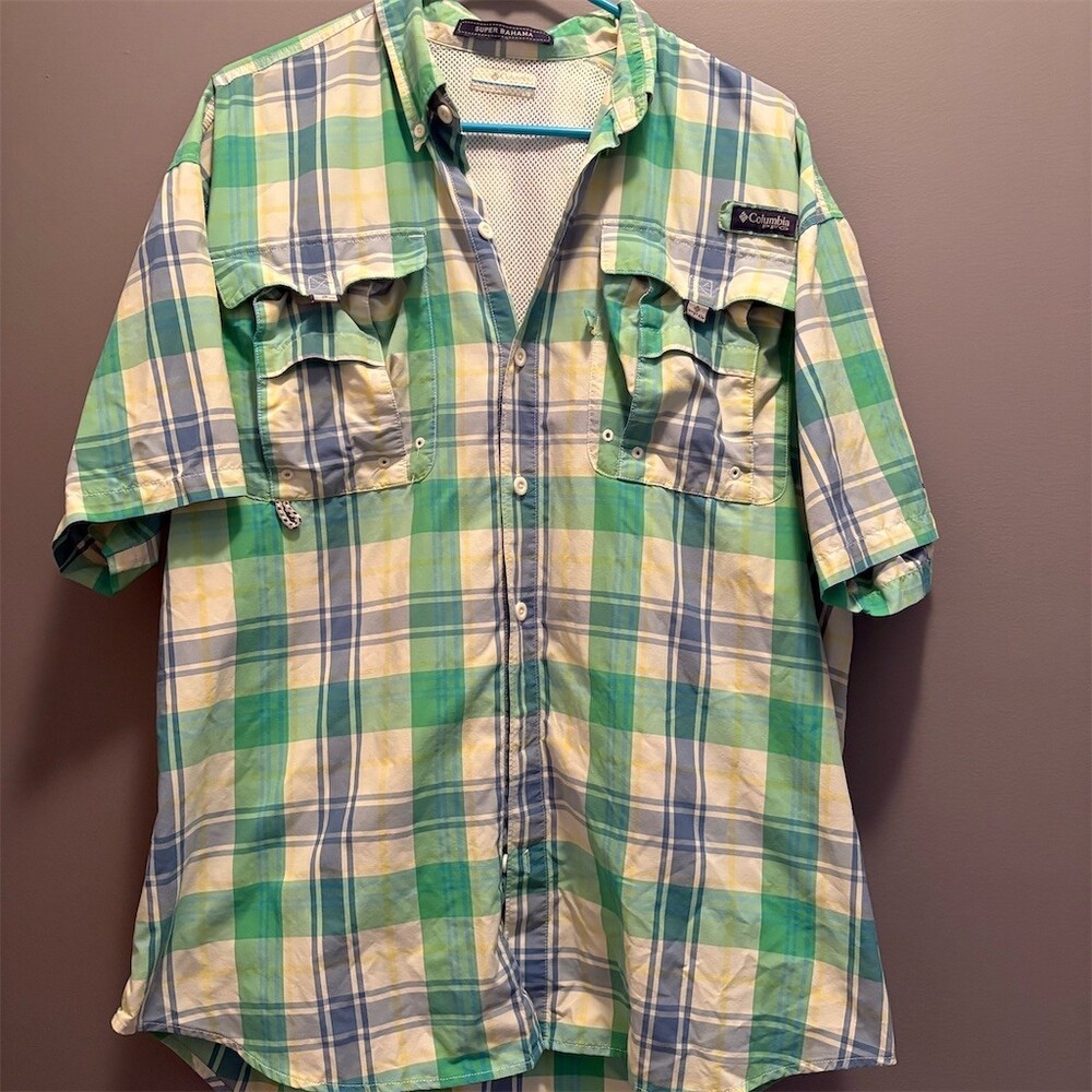 Columbia PFG Super Bahama Shirt Mens L Plaid Short Sleeve Vented Fishing - Picture 1 of 10